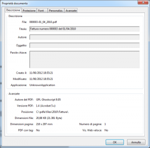 Proprietà del PDF creato